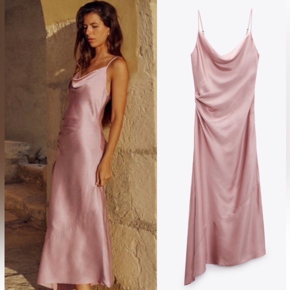 Zara Blush Cowl Neck Spaghetti Strap Slip Dress Asymmetrical Hem M